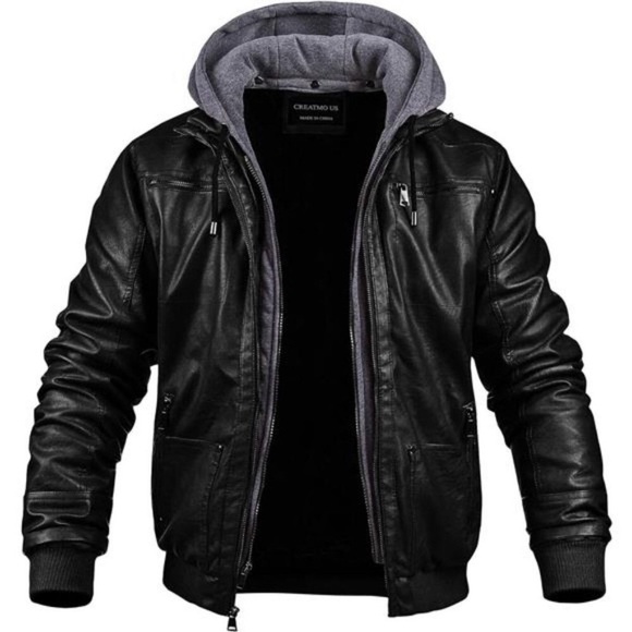 Men's Faux Leather Jacket Waterproof Windproof Vintage Bomber Hoodie with Hood